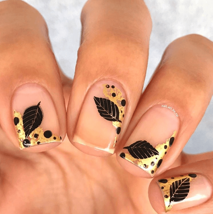 Black and Gold Leaves Nail Design Ideas