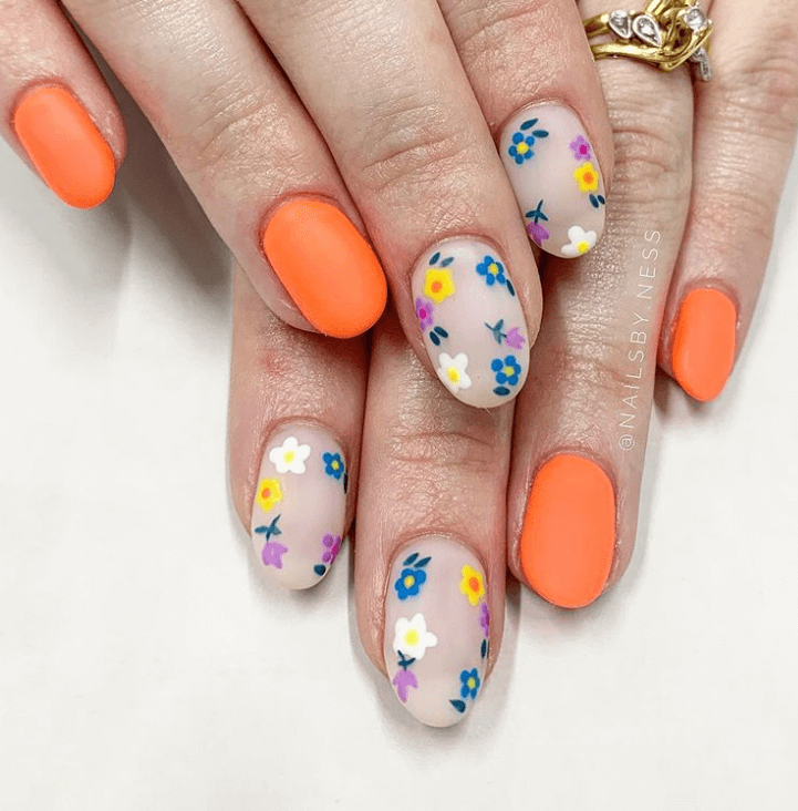 Orange floral nails art ideas